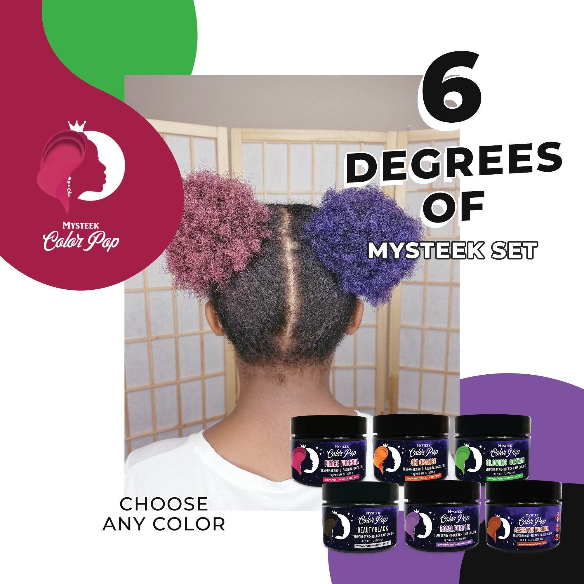 +Six degrees of Mysteek Set (6 Colors 1 oz ) Royal Purple | Bougie Blue | Fierce Fuchsia | Fyah Red | Mutha Maroon | Twerkin Turquoise Mysteek Naturals
