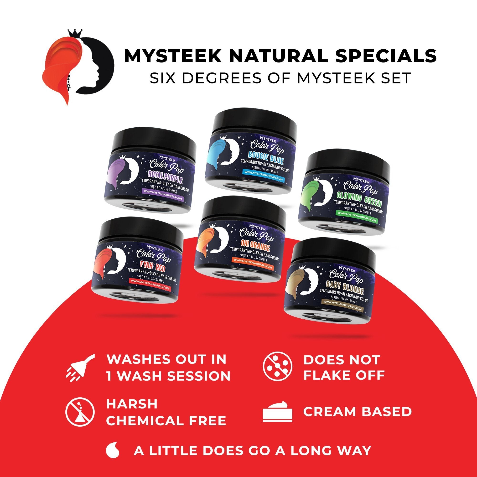 +Six degrees of Mysteek Set (6 Colors 1 oz ) Royal Purple | Bougie Blue | Fierce Fuchsia | Fyah Red | Mutha Maroon | Twerkin Turquoise Mysteek Naturals