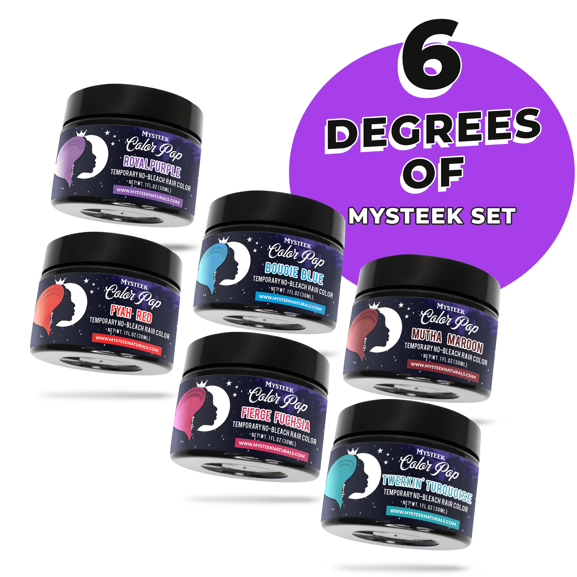 +Six degrees of Mysteek Set (6 Colors 1 oz ) Royal Purple | Bougie Blue | Fierce Fuchsia | Fyah Red | Mutha Maroon | Twerkin Turquoise Mysteek Naturals