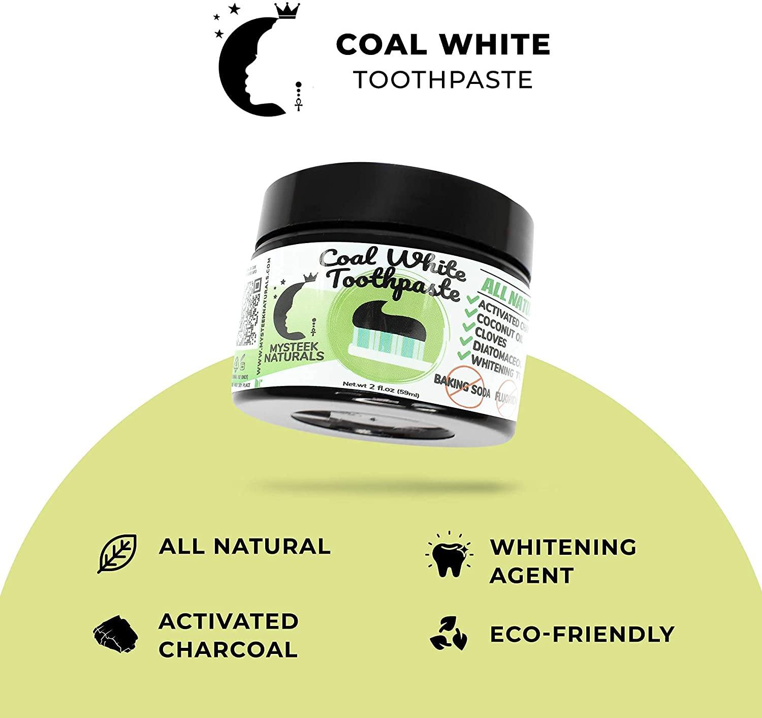 Coal White Toothpaste, Teeth Whitening Charcoal Toothpaste, Natural Toothpaste with Activated Charcoal, Fluoride Free Toothpaste for Oral Care (2 oz) Mysteek Naturals