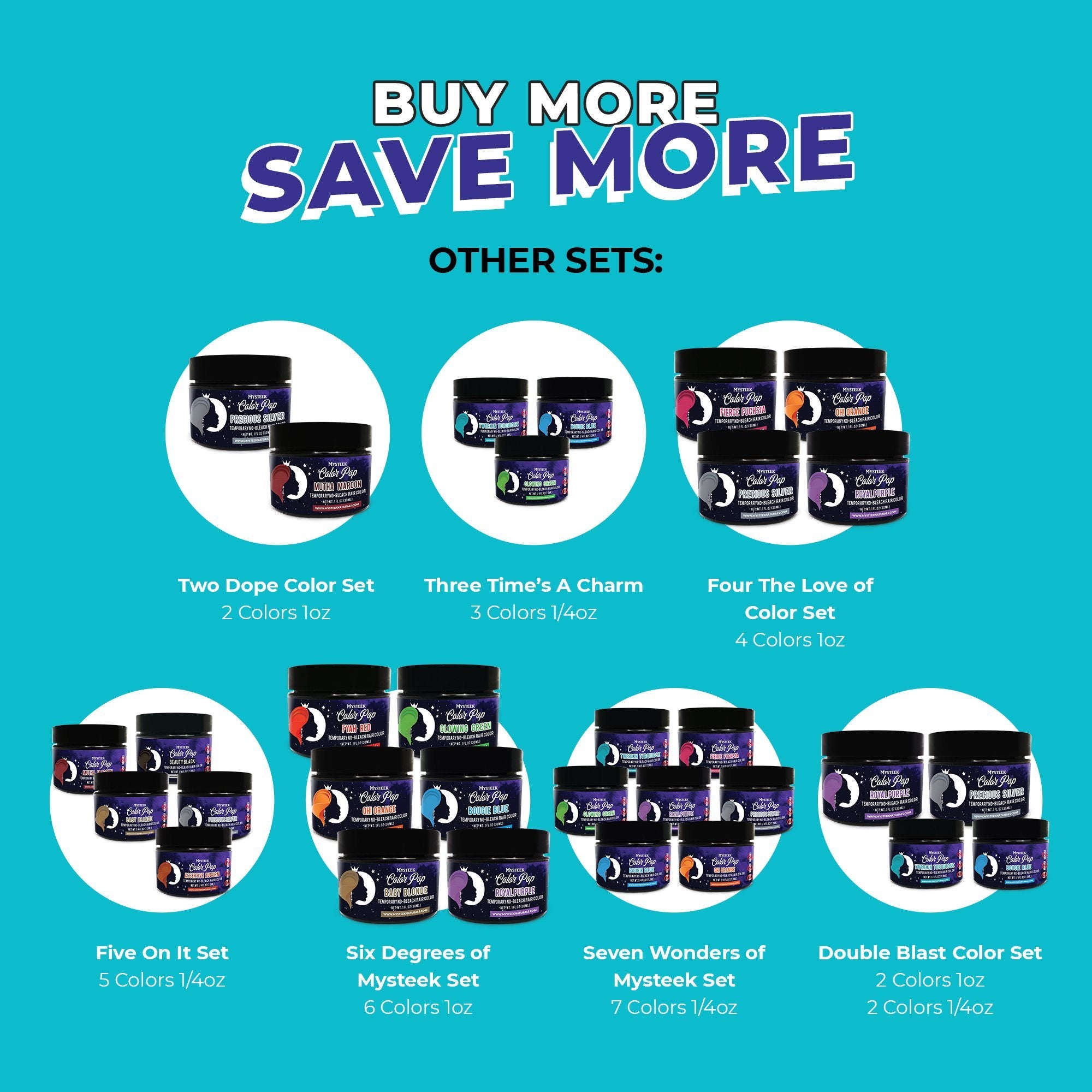 +Six degrees of Mysteek Set (6 Colors 1 oz ) Royal Purple | Bougie Blue | Fierce Fuchsia | Fyah Red | Mutha Maroon | Twerkin Turquoise Mysteek Naturals
