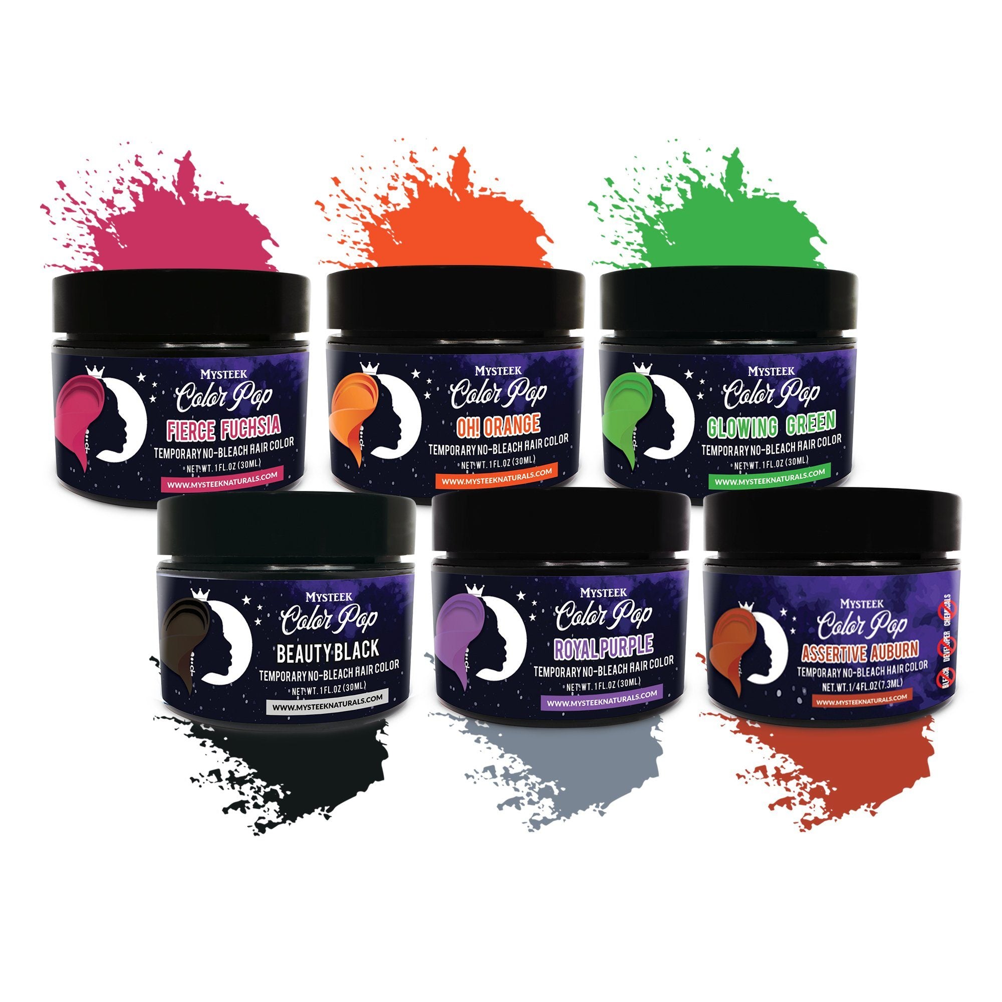 +Six degrees of Mysteek Set (6 Colors 1 oz ) Royal Purple | Bougie Blue | Fierce Fuchsia | Fyah Red | Mutha Maroon | Twerkin Turquoise Mysteek Naturals
