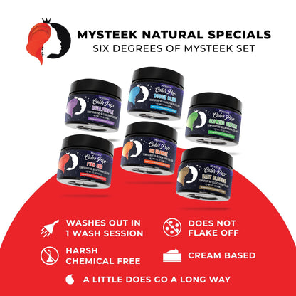 Six degrees of Mysteek Set (6 Colors 1 oz ) Royal Purple | Bougie Blue | Fierce Fuchsia | Fyah Red | Mutha Maroon | Twerkin Turquoise Mysteek Naturals 